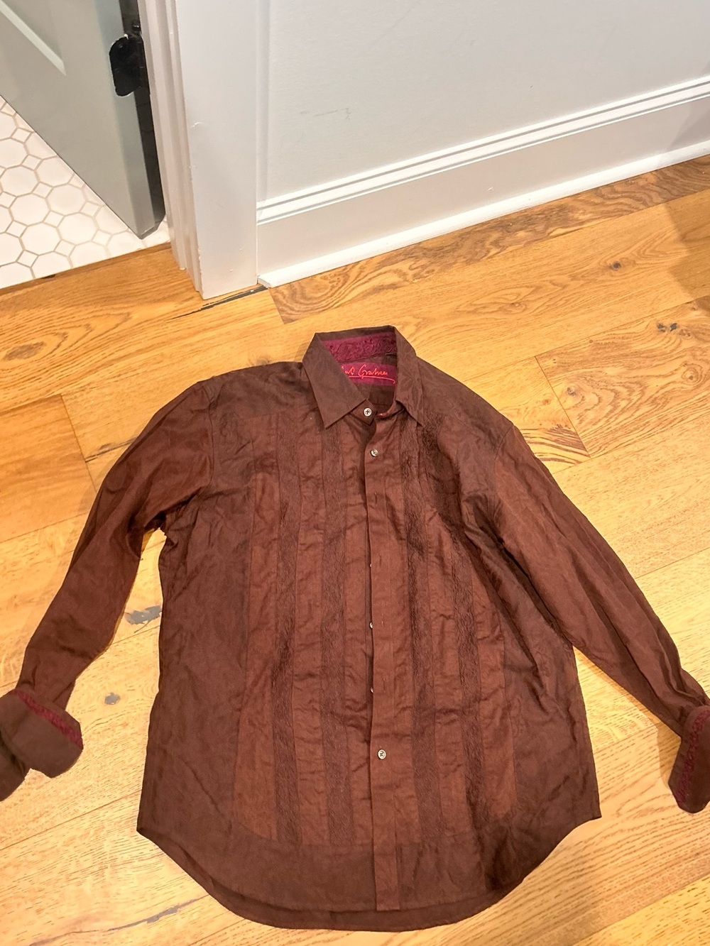 VINTAGE Robert Graham Men's Brown Textured Long-Sleeve Dress Shirt